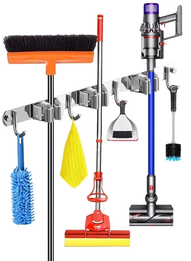 حامل المكانس، ملصقات الغراء أو شماعة الممسحة والمكنسة المثبتة على الحائط، رف تخزين جداري للمرآب، منظم أدوات المطبخ والحديقة (3 رفوف مع 4 خطاطيف، فضي) - Image 4